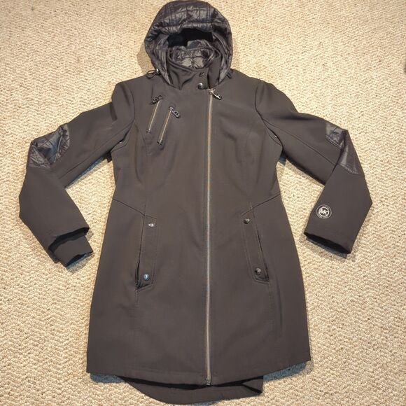 Michael Kors Softshell Puffer Coat Jacket Womens Small Black Hood Full Zip - Picture 1 of 9